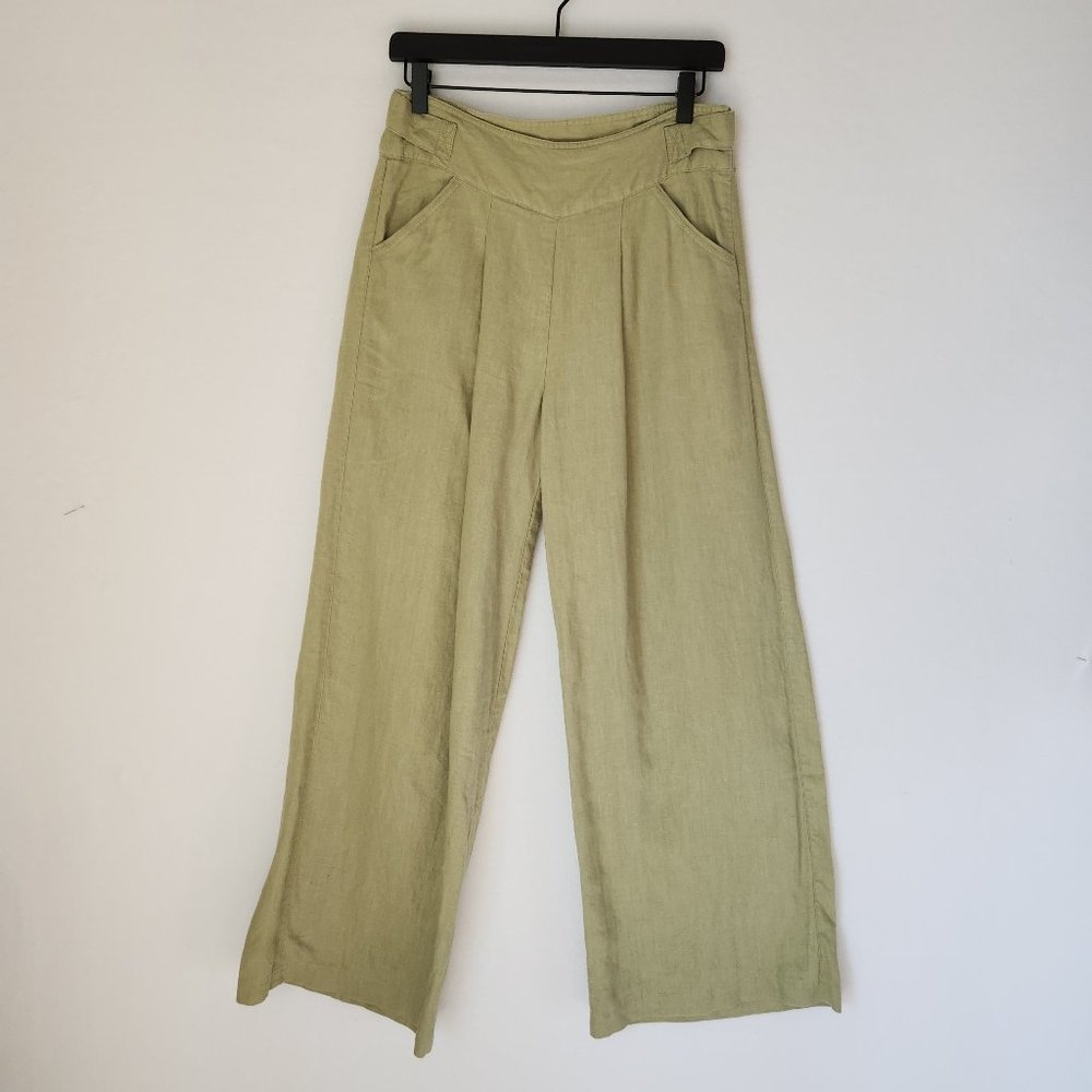Soft Surroundings Linen Frot Pleat Wide Leg Pants Pocket Zip Green
